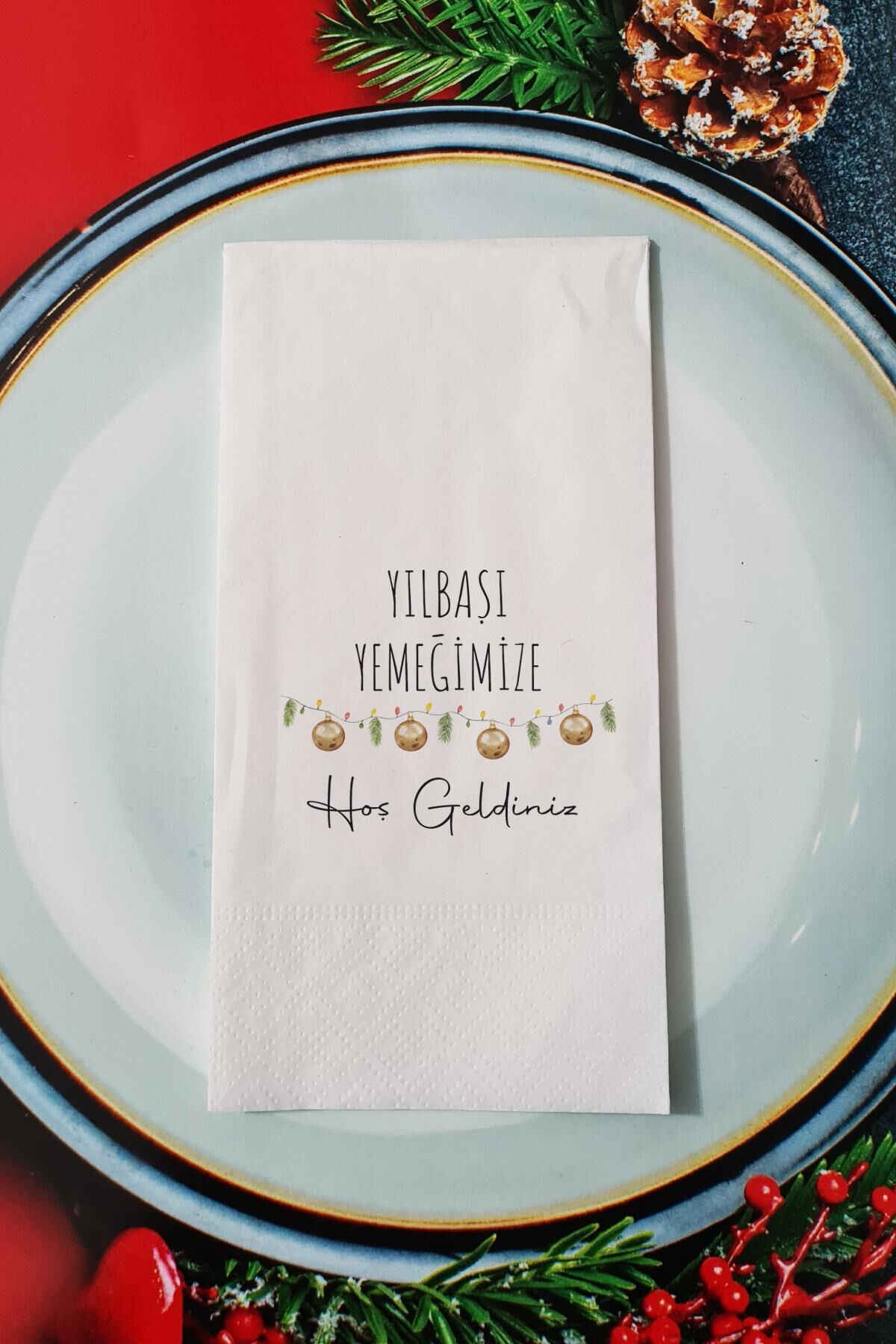 Yılbaşı Yemeğimize Hoş Geldiniz Yazılı Yılbaşı Çanları Yeni Yıl Sunum Peçetesi