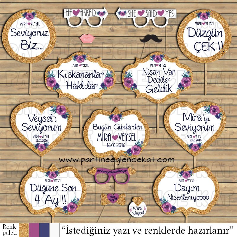 Parıltılı Altın - Mor Konsept Konuşma Balonları Seti