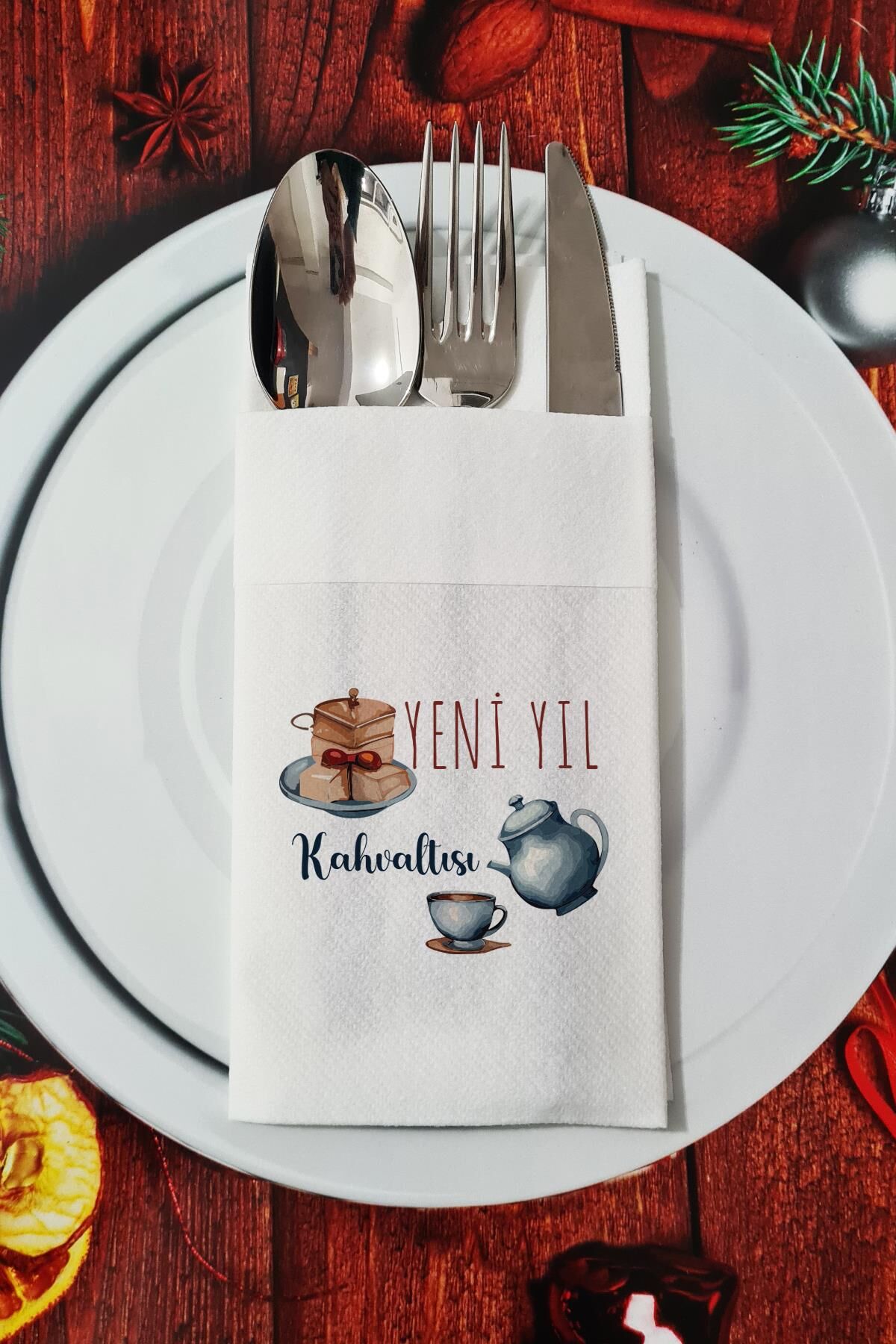 Kumaş Dokulu Yeni Yıl Kahvaltısı Yazılı Yılbaşı - Yeni Yıl Sunum Peçetesi