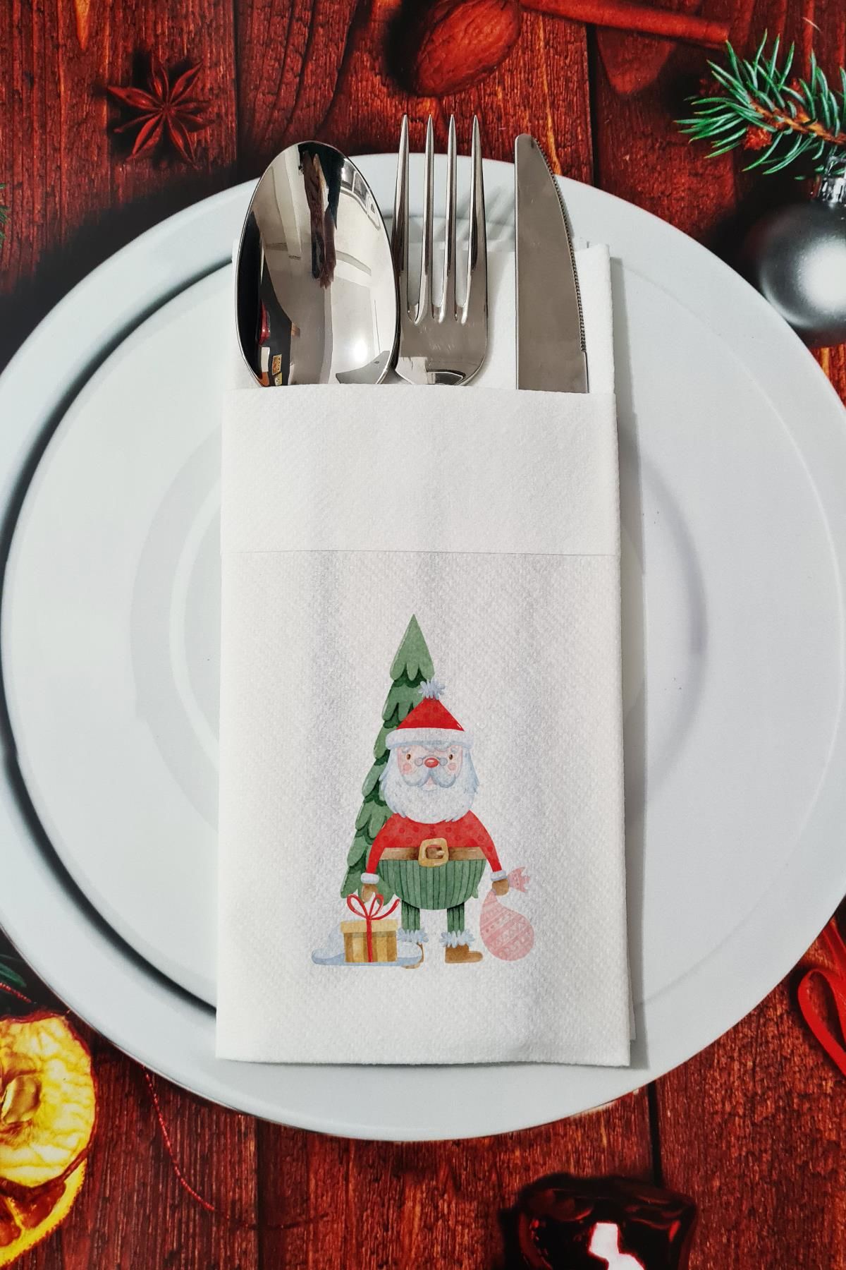 Kumaş Dokulu Noel Baba - Santa Desenli Yılbaşı - Yeni Yıl Sunum Peçetesi