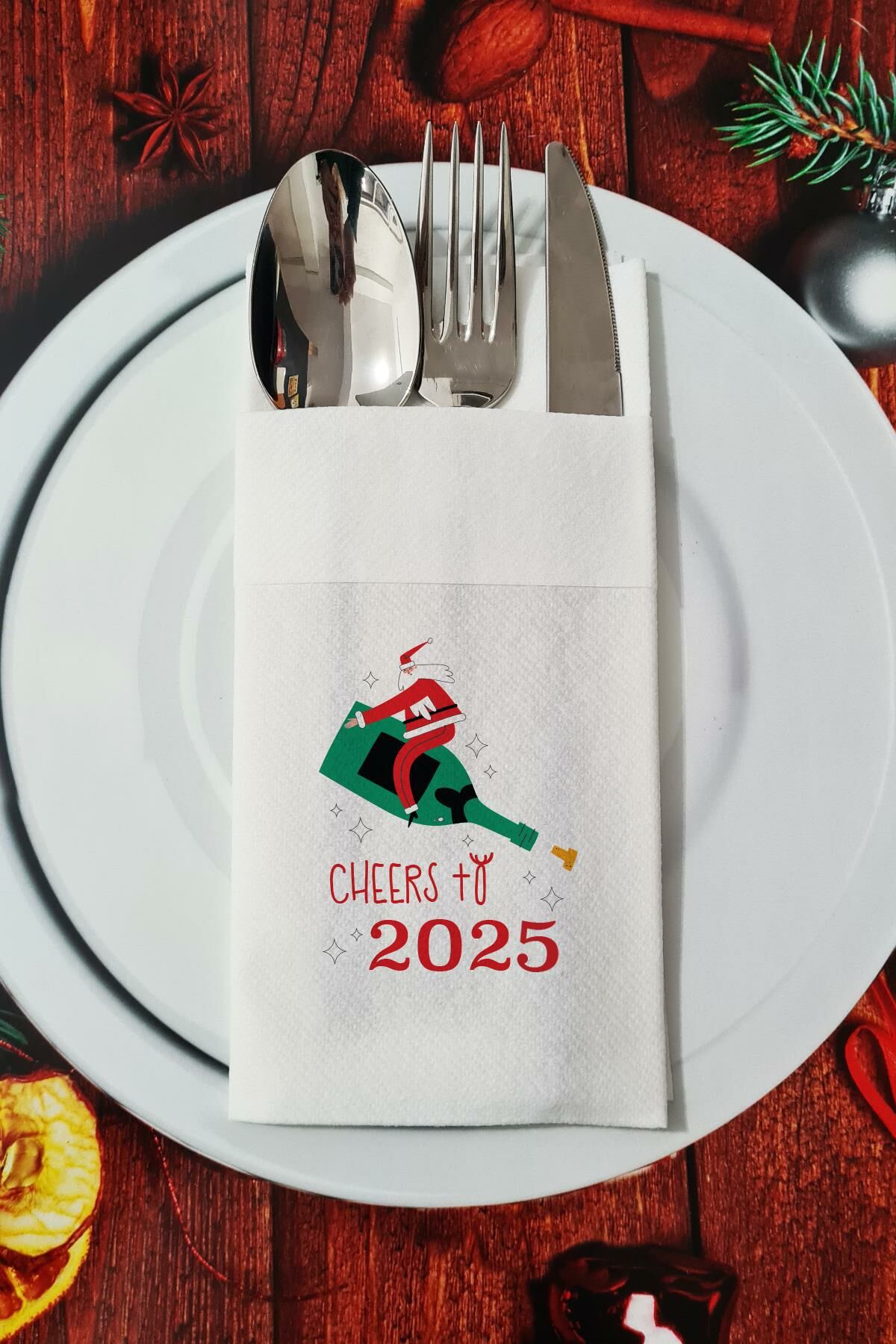 Kumaş Dokulu Cheers to 2025 Şampanya ve Noel Baba Yılbaşı - Yeni Yıl Sunum Peçetesi