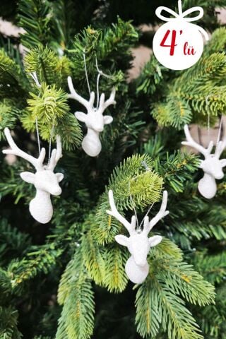 Geyik Kafası Yılbaşı Ağaç Süsü 4lü Paket Simli Geyik Kafası Çam Ağacı Süsü