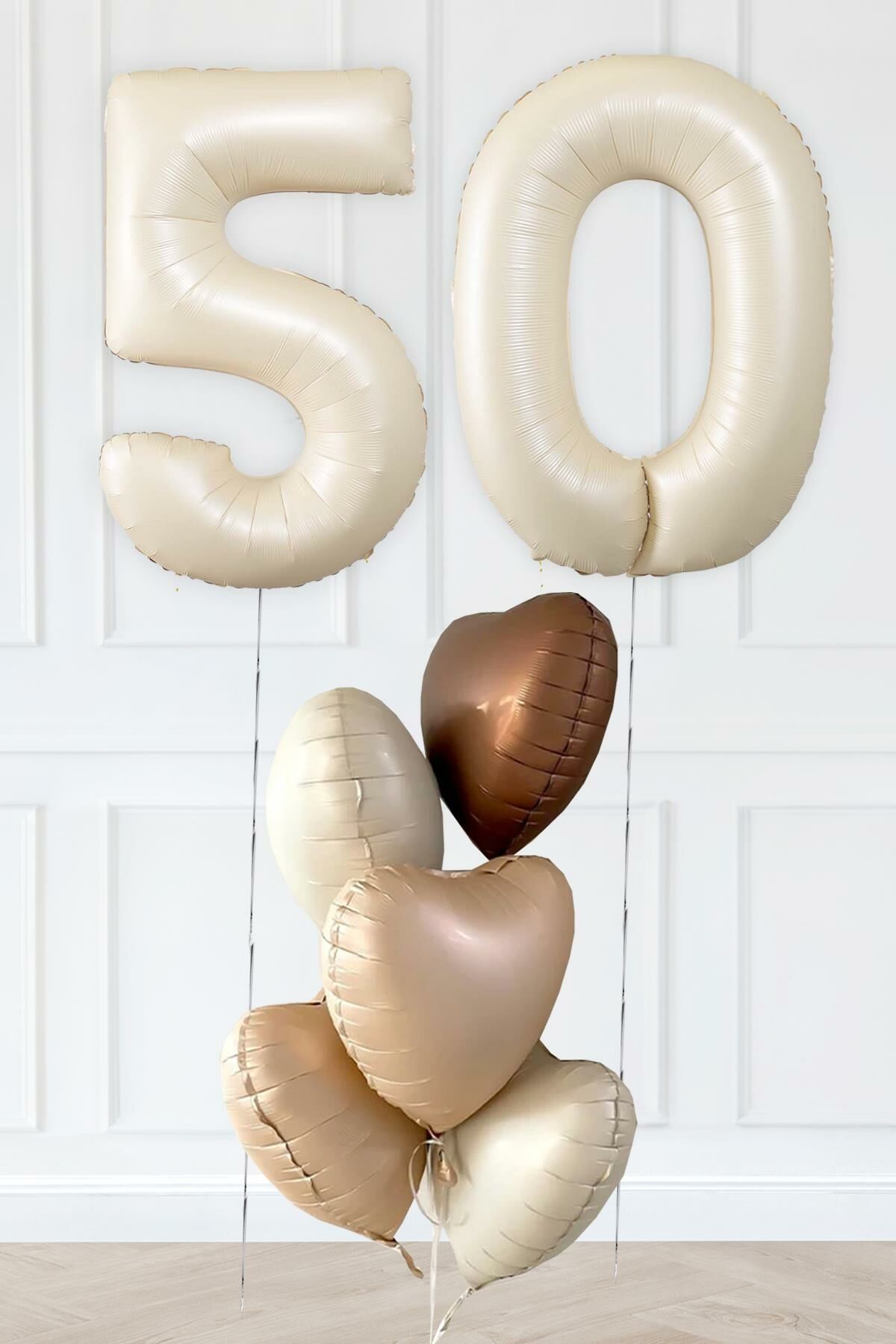 Retro 50 Yaş Doğum Günü Parti Balon Seti Krem Karamel Bej Çikolata Kahve Retro Kalp Balonlu 50 Yaş Parti Balon Seti