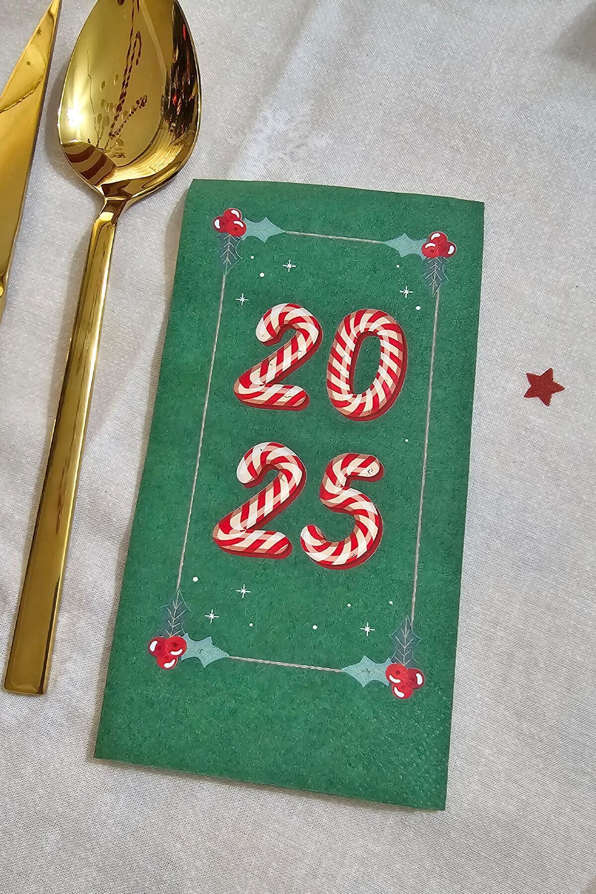 Candy Cane 2025 Baskılı Yeşil Yılbaşı Peçetesi - Yeşil Peçete 12li Paket