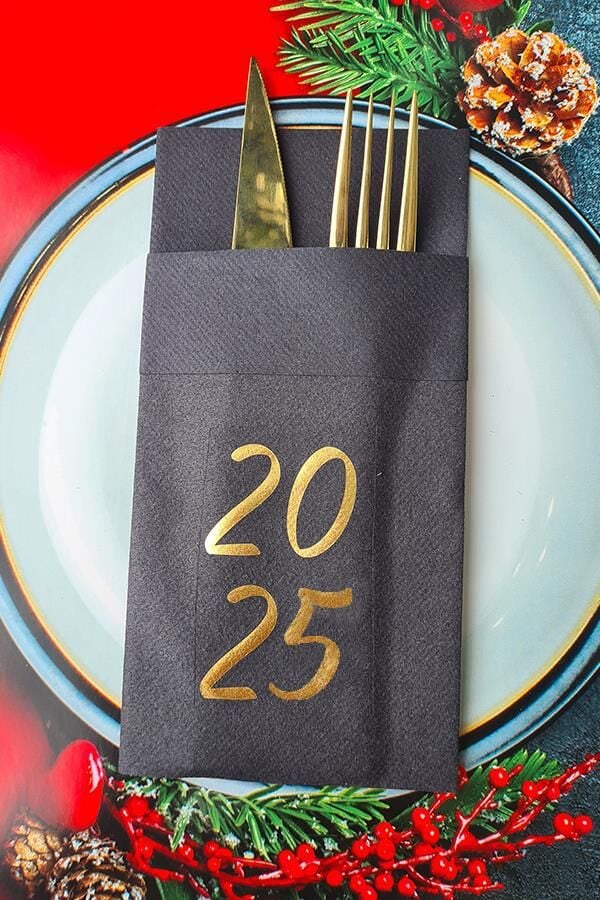 Kumaş Dokulu Siyah Peçete Gold Varak 2025 Yazılı Yılbaşı Sofrası - Yeni Yıl Peçetesi