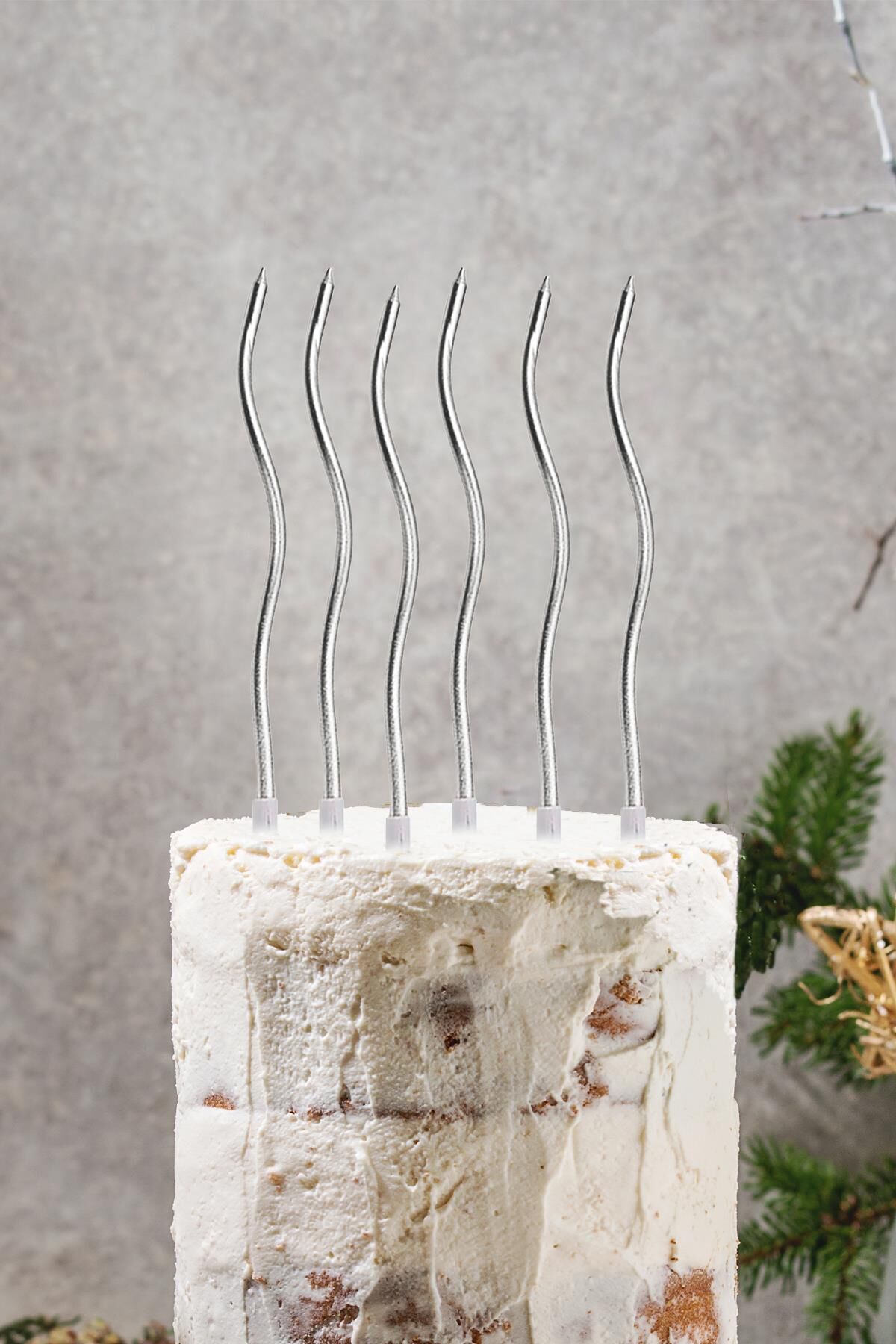Pasta Mumu Spiral Gümüş Renk Mum 6 lı Altın Kıvrık Mum
