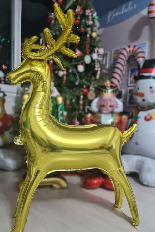 Yılbaşı Gold Geyik Balon Büyük Boy , Ayaklı Yılbaşı Süsü Balonu