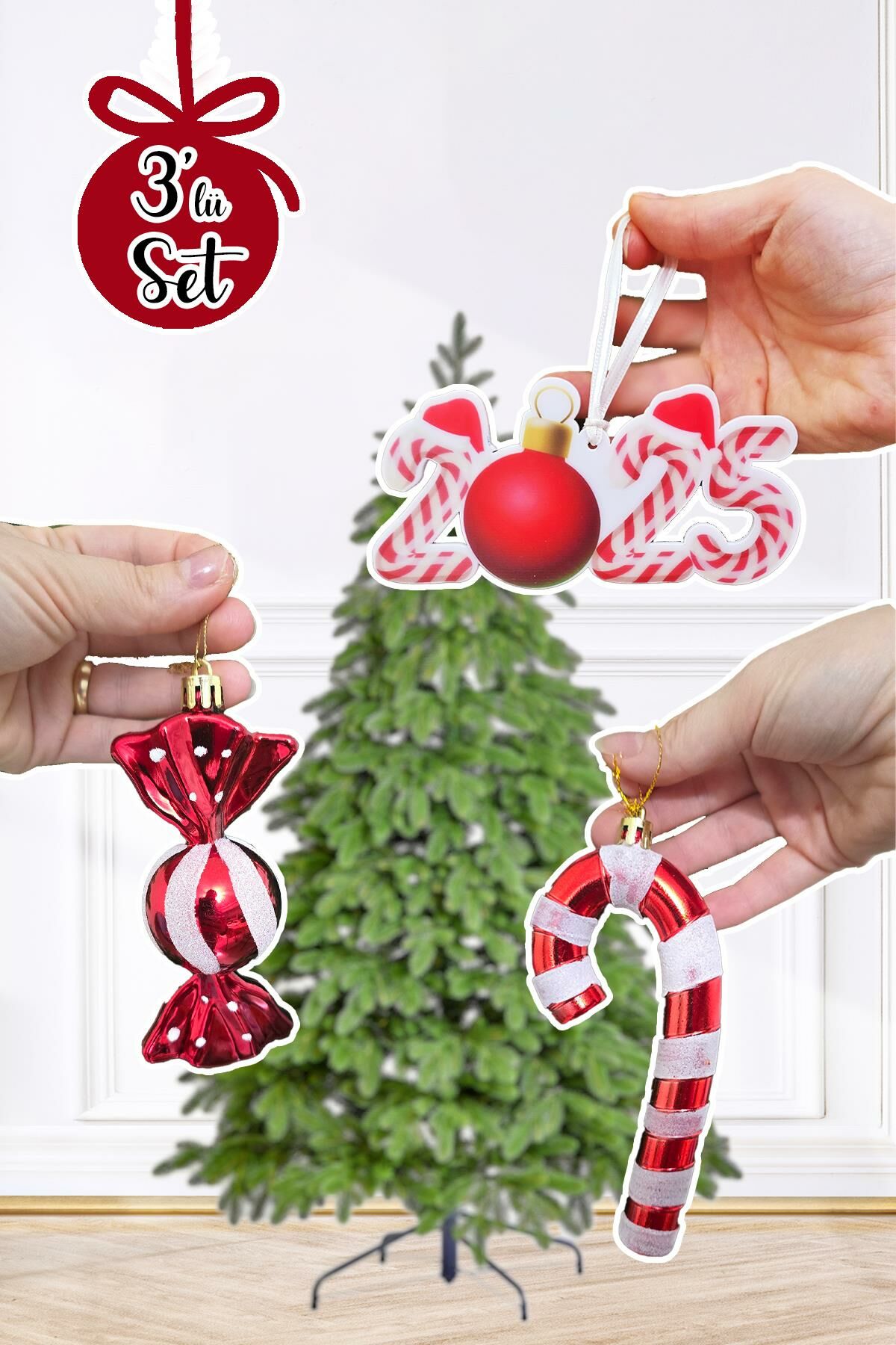 Candy Cane Kırmızı Beyaz Tema Yılbaşı Ağaç Süsleri Seti 2025 Candy Cane Süslü Yılbaşı Ağacı Süsleri 3lü Set