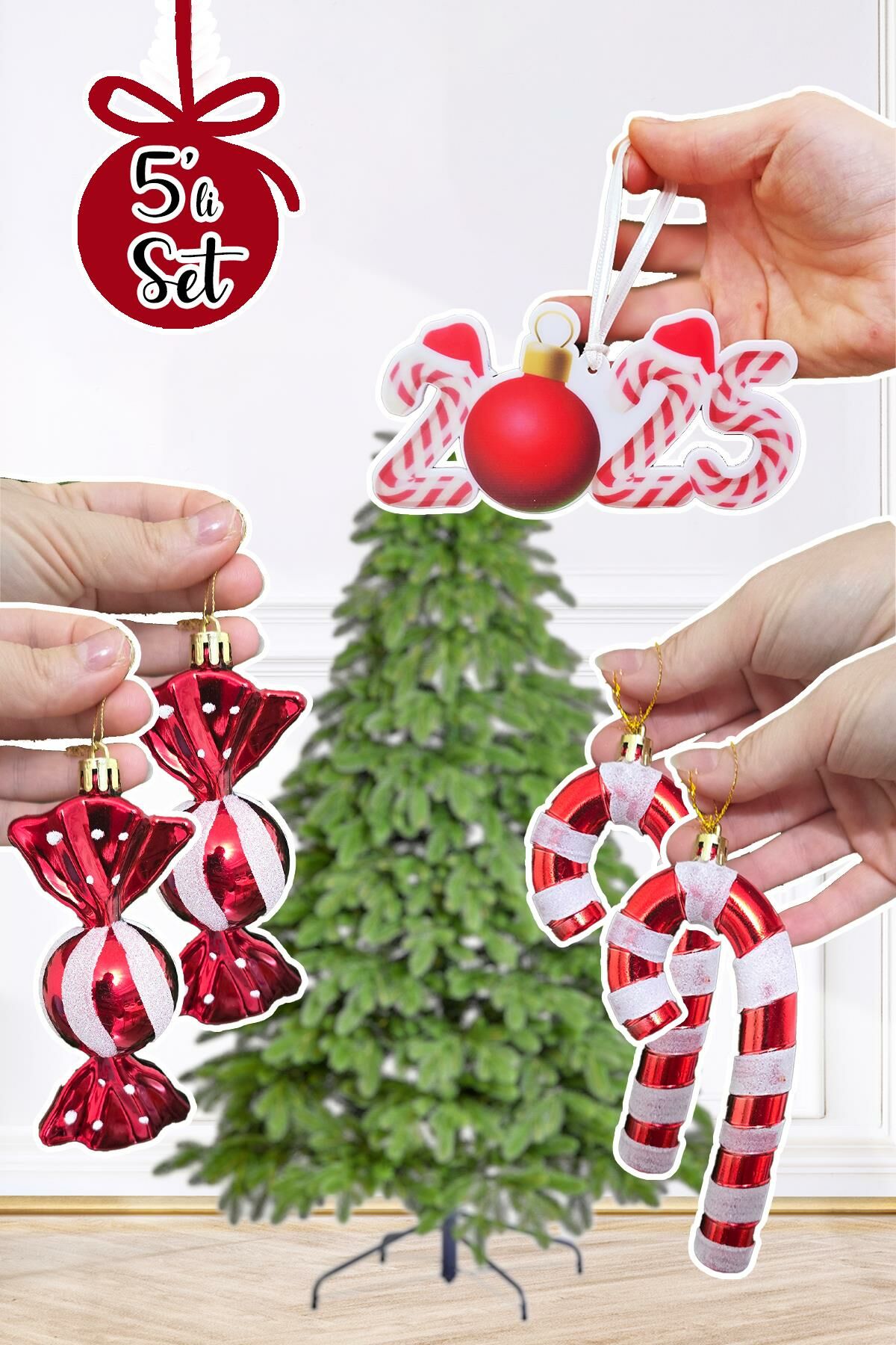 Candy Cane Kırmızı Beyaz Tema Yılbaşı Ağaç Süsleri Seti 2025 Candy Cane Süslü Yılbaşı Ağacı Süsleri 5li Set