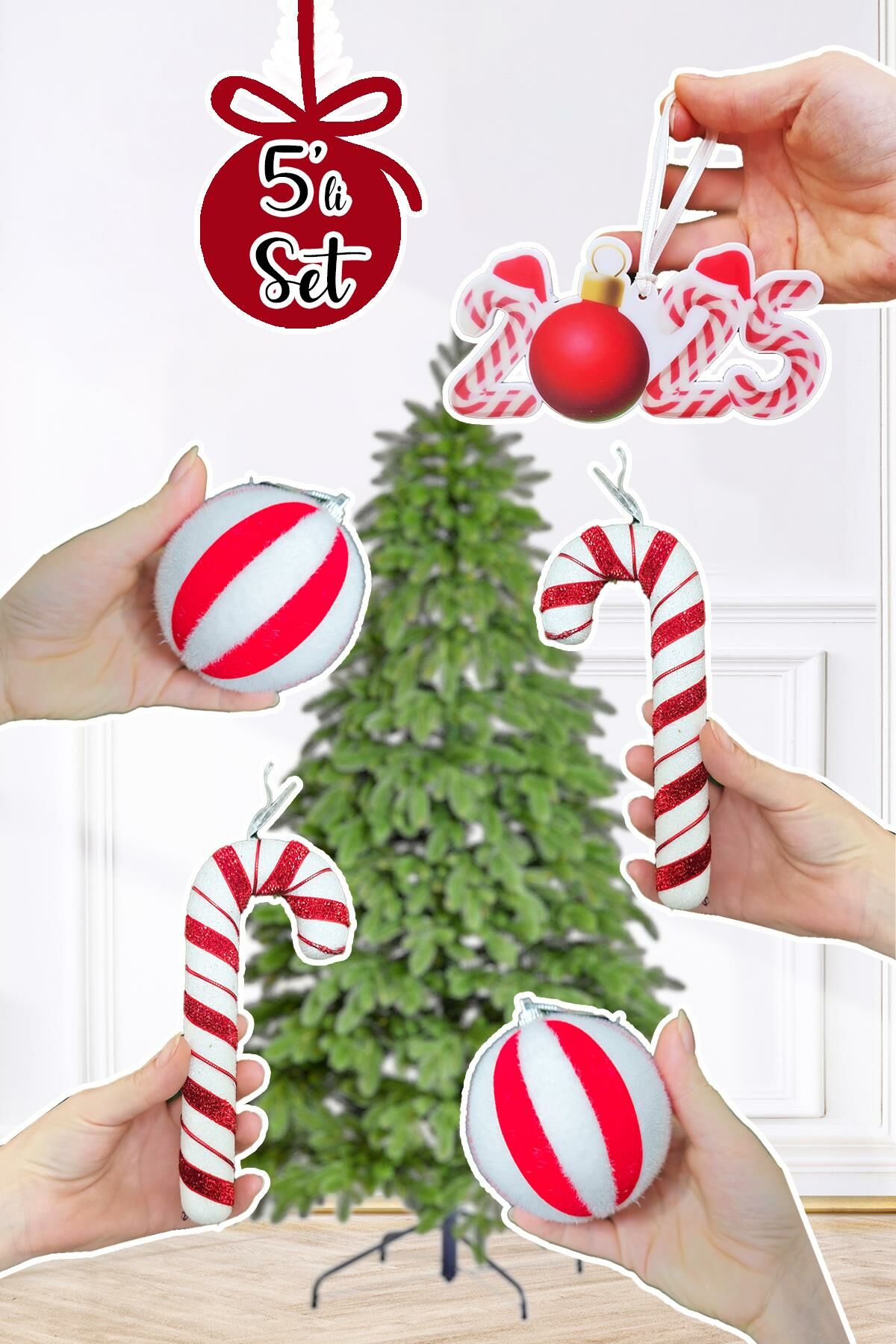 Kırmızı Beyaz Baston Şeker, 2025 Yazılı Candy Cane Süs ve Top Yılbaşı Ağaç Süsleri Seti 5li Paket
