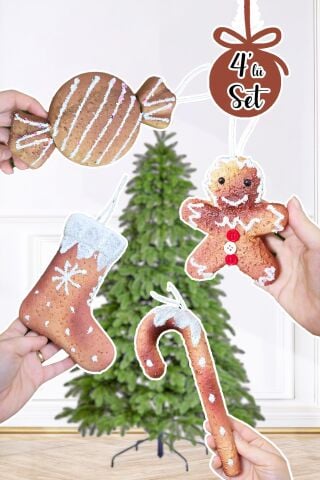 Yılbaşı Ağaç Süsleme Seti Gerçekçi Kurabiye Süsler Seti Kurabiye Adam Baston Şeker Çorap Şeker Paketi 4lü