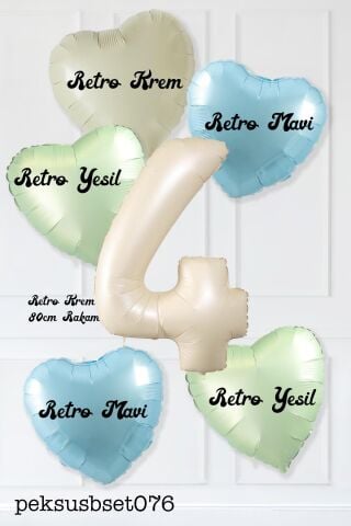 Retro Yeşil Mavi Kalpli Krem Yaş Balonlu Balon Seti Deniz Kumu Krem Retro Doğum Günü Rakam Yaş Balon Seti