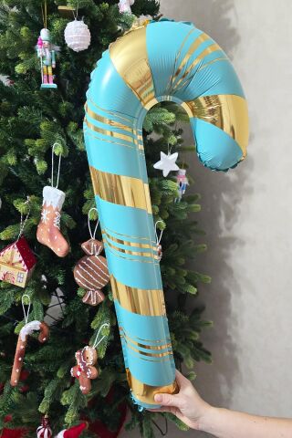 Turkuaz Gold Baston Şeker Folyo Balon Gold Detaylı Baston Şeker Yılbaşı Balonu 73x36cm