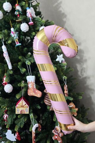 Pembe Gold Baston Şeker Folyo Balon Gold Detaylı Baston Şeker Yılbaşı Balonu 73x36cm