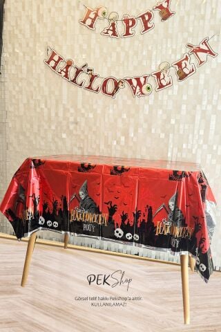 Cadılar Bayramı Masa Örtüsü Kırmızı Halloween Party Masa Örtüsü Büyük Boy 135x180cm
