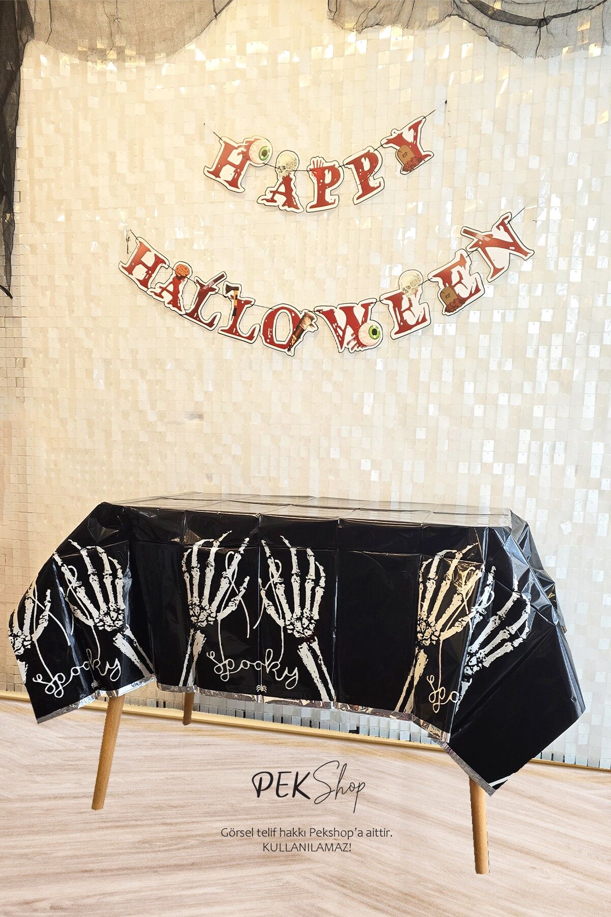 Halloween Masa Örtüsü Siyah İskelet Eller Spooky Masa Örtüsü Cadılar Bayramı Desenli Büyük Boy 135x180cm