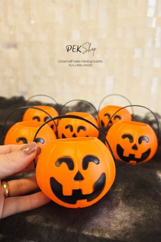 Cadılar Bayramı Mini Şeker Kovası 6lı Paket Kulplu Kabak Kova Minik
