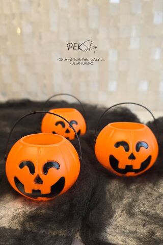 Cadılar Bayramı Mini Şeker Kovası 3lü Paket Kulplu Kabak Kova Minik