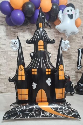 Ayaklı Şato Folyo Balon Yerde Durabilen Hayaletli Cadılar Bayramı Şatosu Halloween Süsleri
