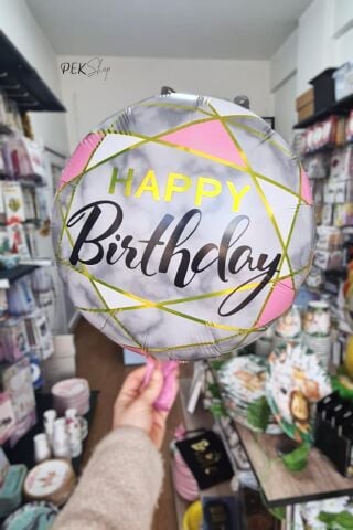 Yuvarlak Happy Birthday Pembe Gold Doğum Günü Balonu 18''