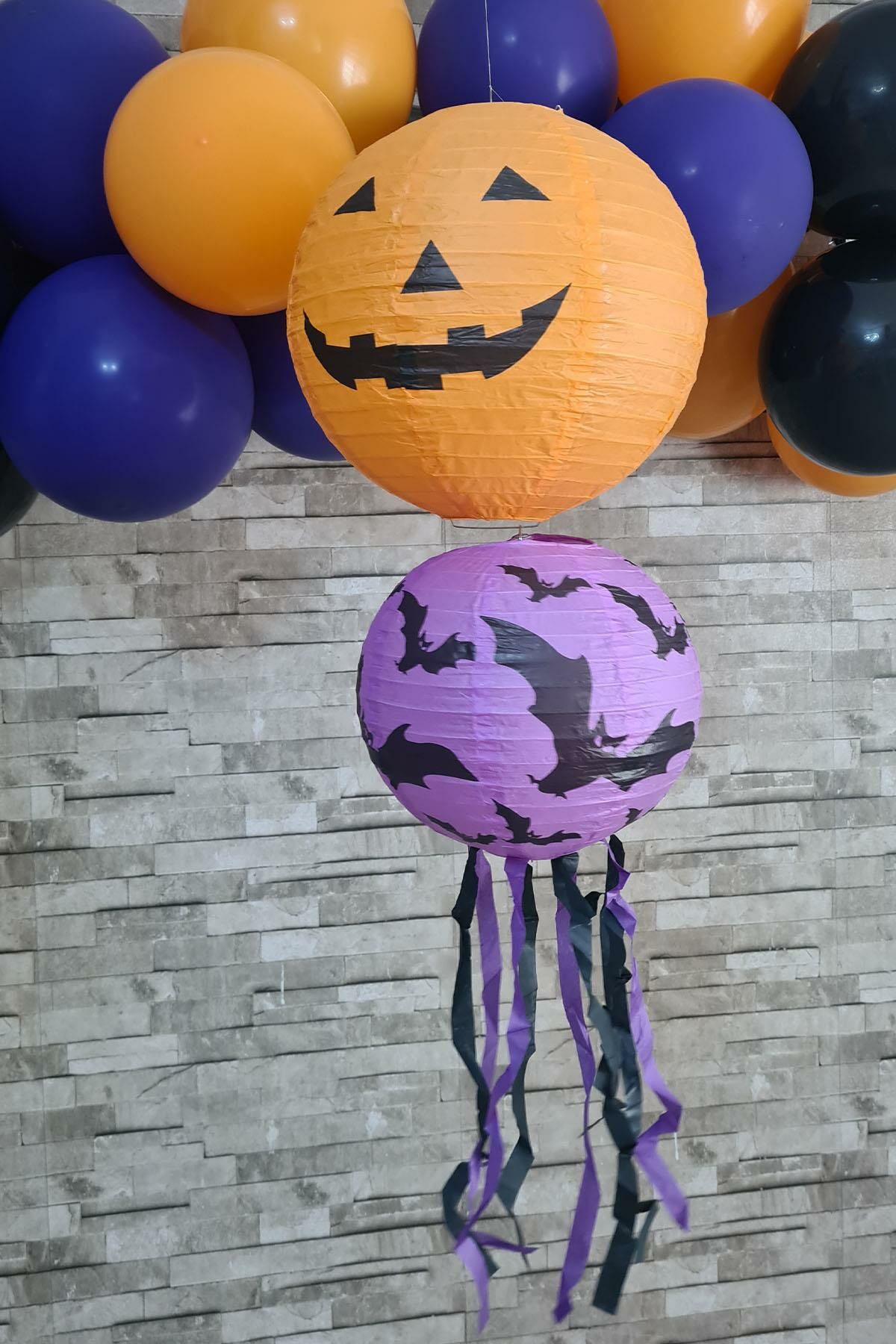 Cadılar Bayramı Fener Süsleri Tavan Süsü İkili Halloween Kağıt Fener Süsler Balkabağı Yarasa