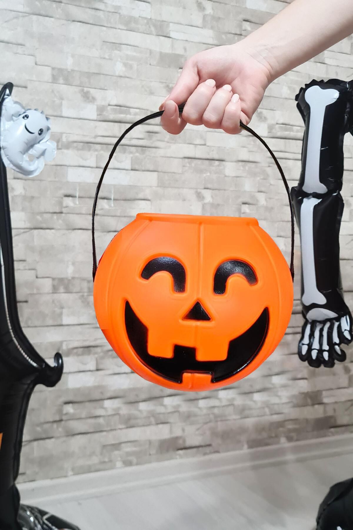 Cadılar Bayramı Şeker Kovası Büyük Boy Turuncu Kabak 18cm Halloween Şeker Kovası