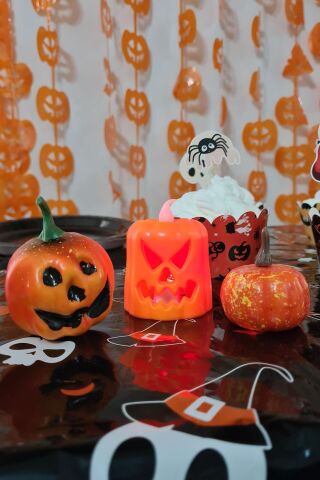 Halloween 3 lü Bal Kabağı Süs Seti Işıklı Balkabağı Mum Gülen Balkabağı Figür ve Küçük Balkabağı Figür