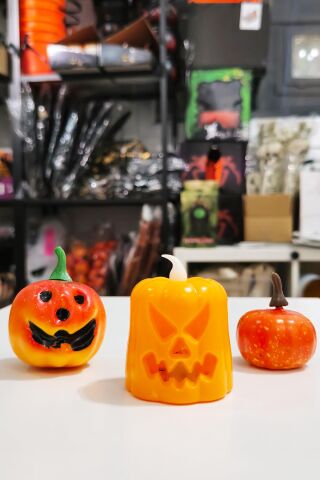 Halloween 3 lü Bal Kabağı Süs Seti Işıklı Balkabağı Mum Gülen Balkabağı Figür ve Küçük Balkabağı Figür