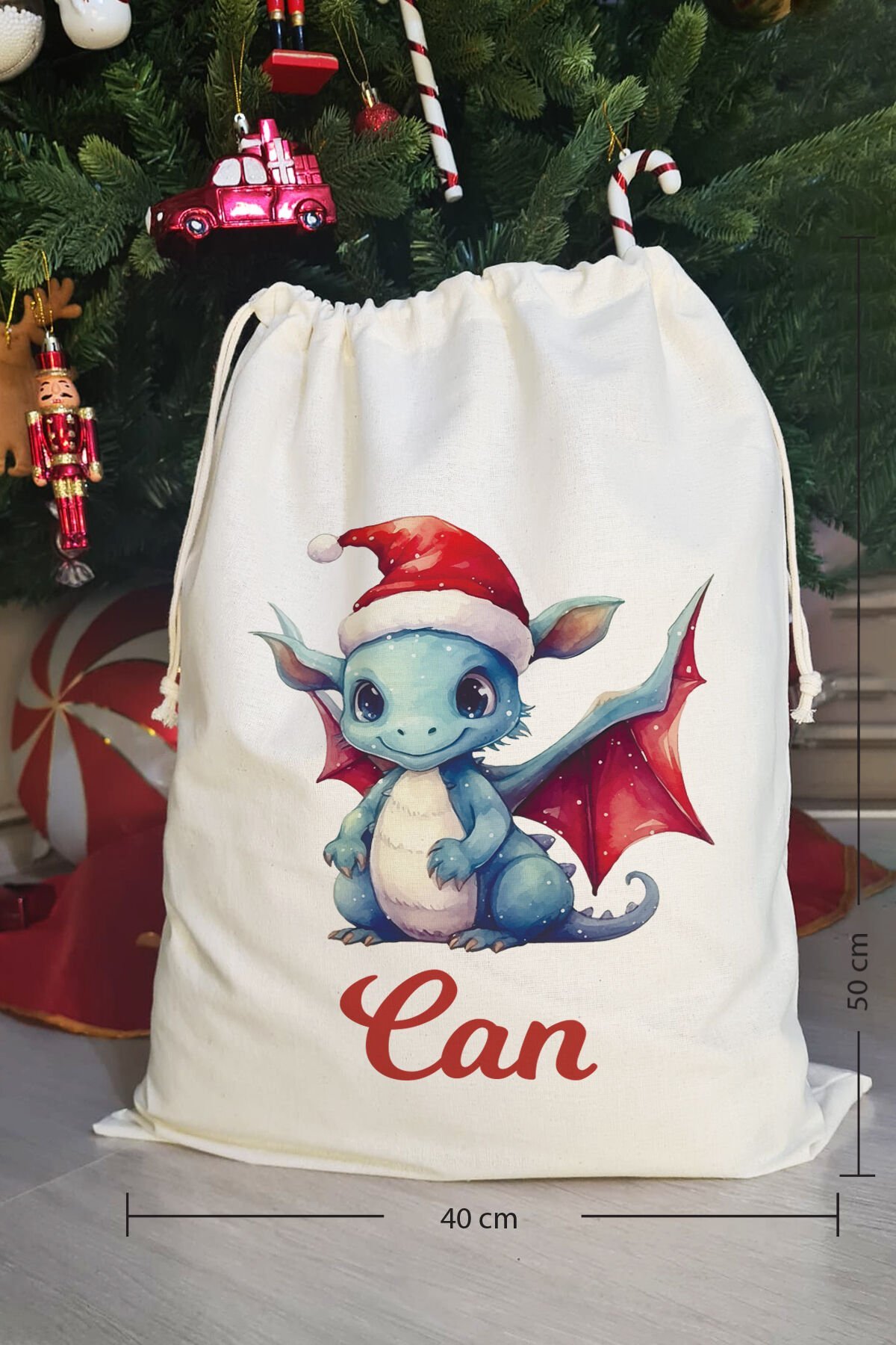 Noel Baba Şapkalı Dragon İsme Özel Yılbaşı Hediye Kesesi