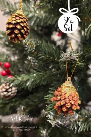 Gold Simli Kozalak Yılbaşı Ağaç Süsleri 9lu Set