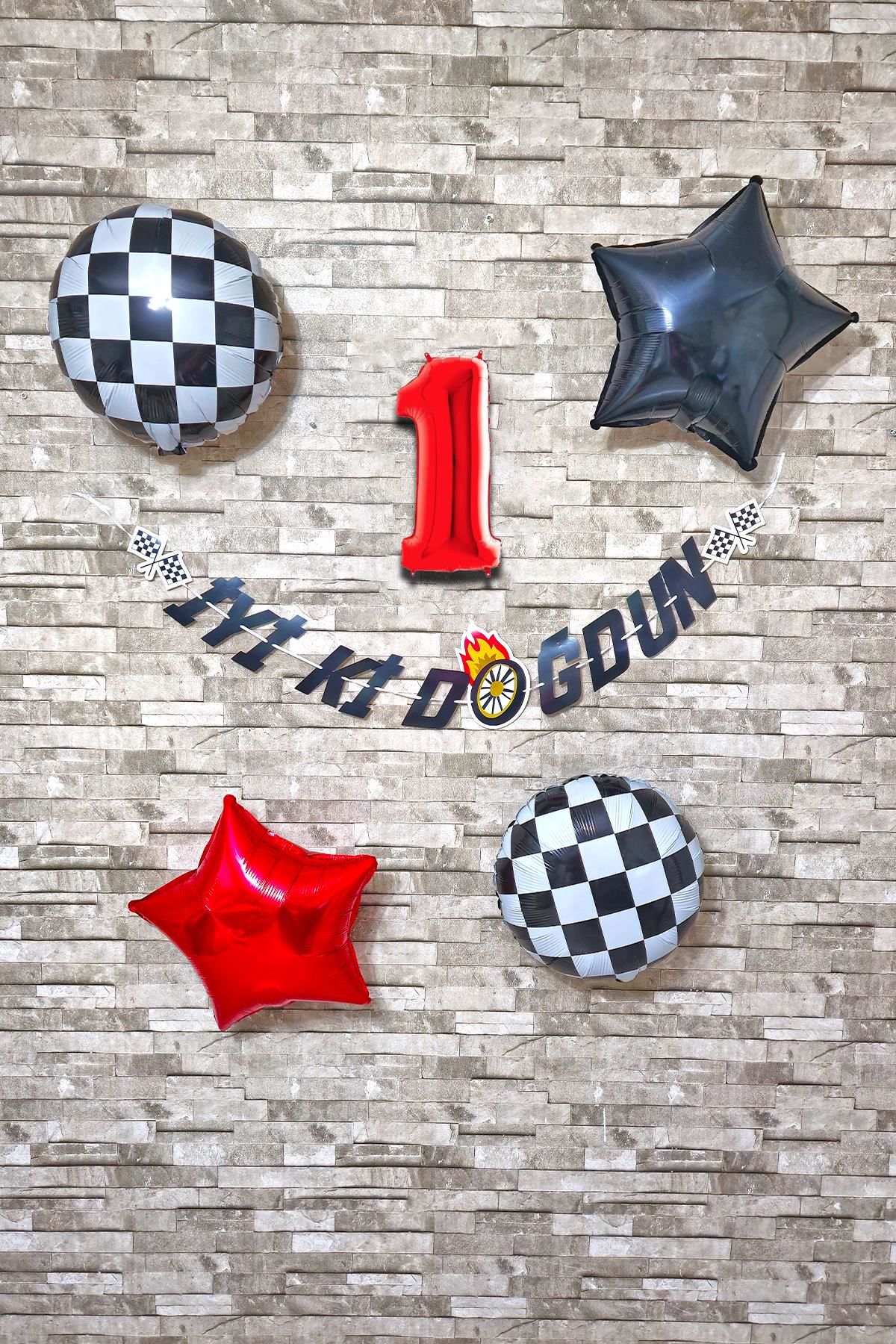 Yarış Temalı Doğum Günü Parti Seti Yaş Balonlu Bannerlı Doğum Günü Süsleme Seti
