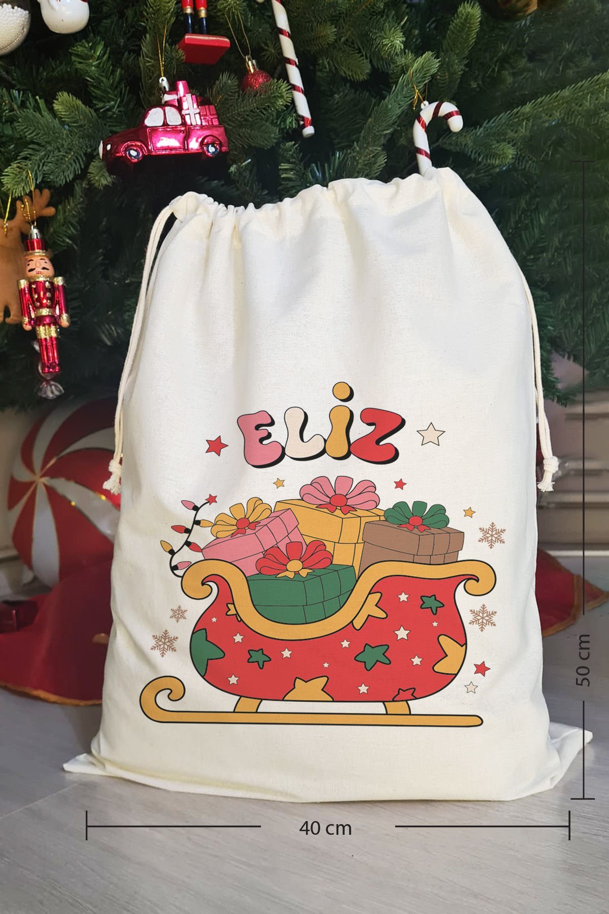 Hediye Dolu Kızak İsme Özel Yılbaşı Hediye Kesesi