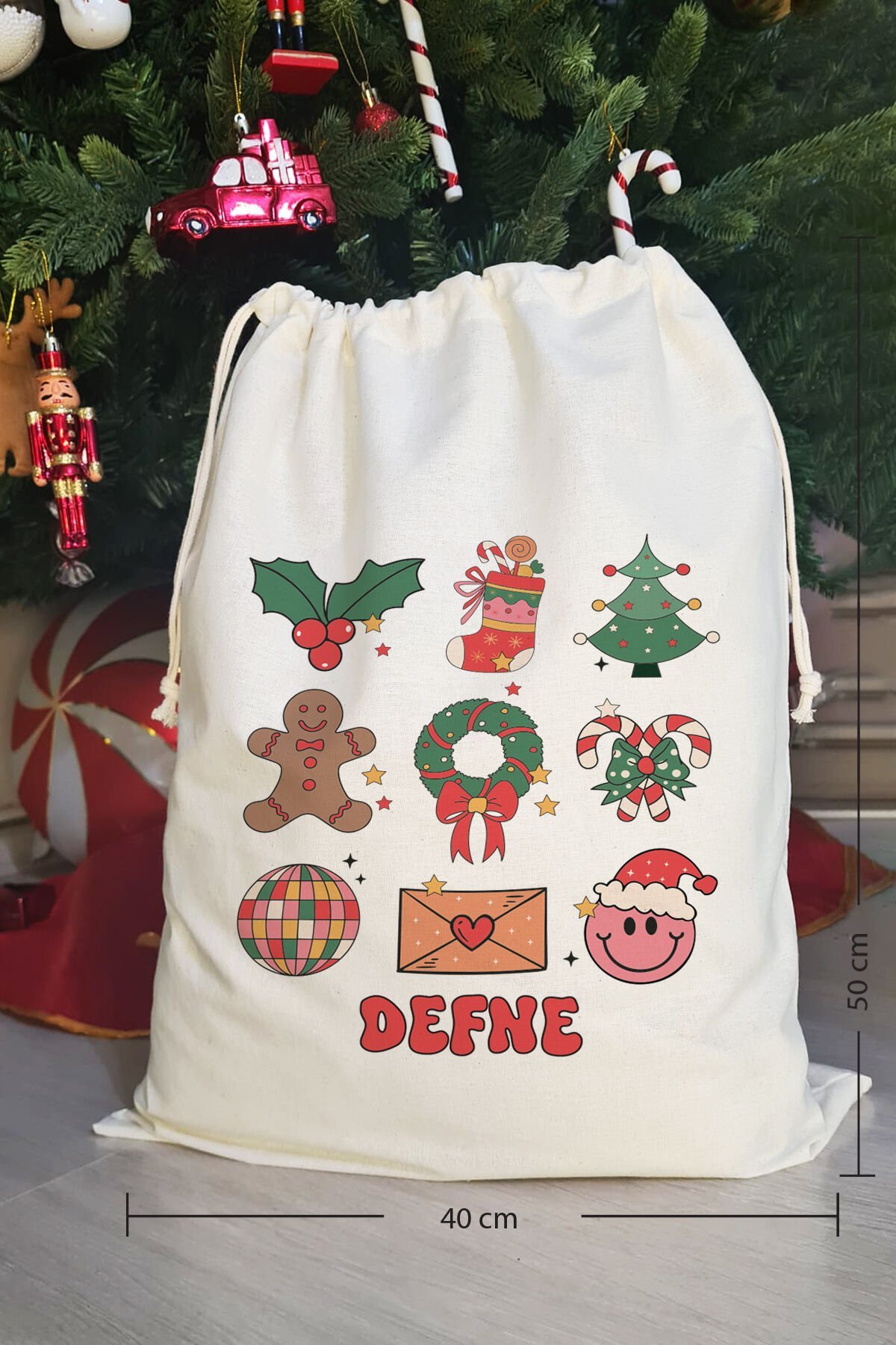 Retro Yılbaşı İkonları İsme Özel Yılbaşı Hediye Kesesi
