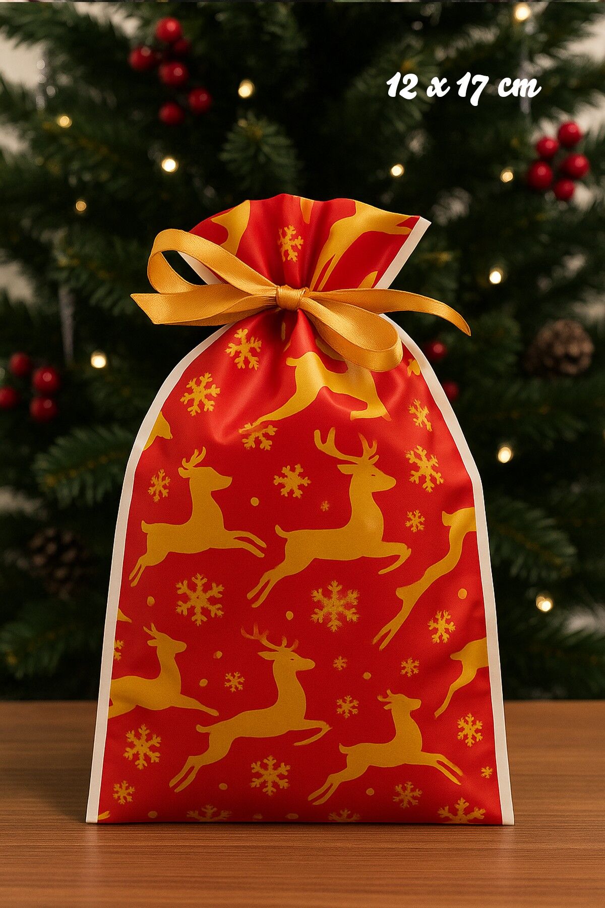 Yılbaşı Hediye Kesesi Geyik Desen Orta Boy Yılbaşı Hediyelik Kese Poşet 12x17cm 5li Paket