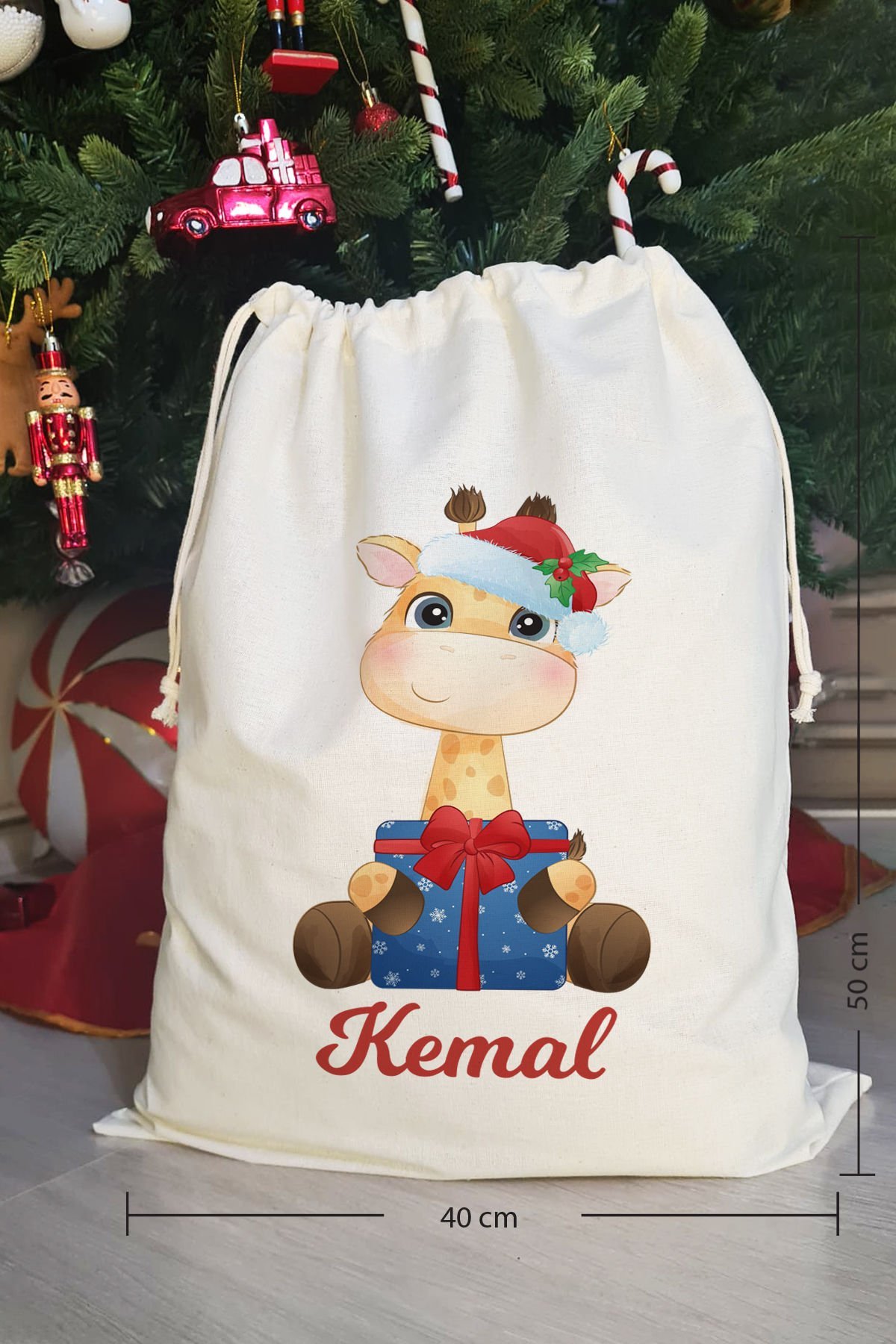 Yılbaşı Şapkalı Zürafa İsme Özel Yılbaşı Hediye Kesesi