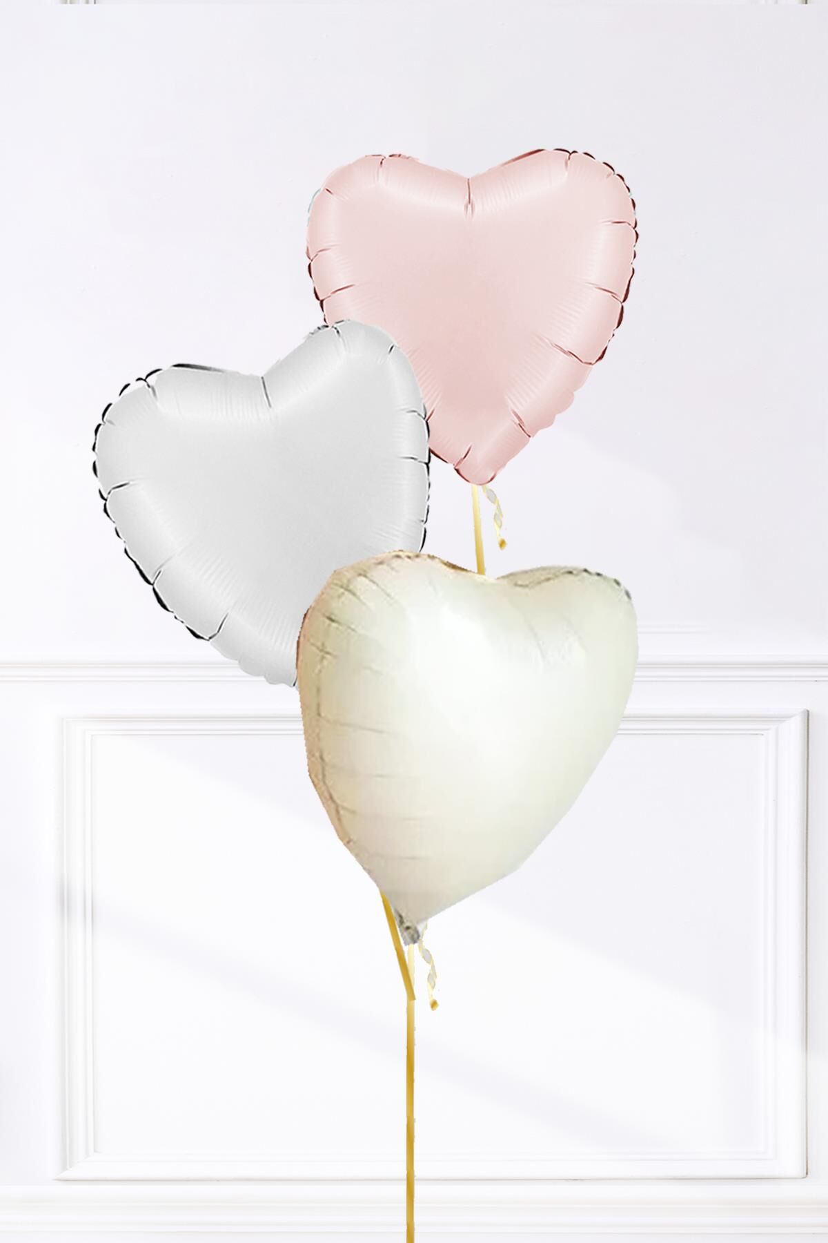 Saten ve Retro Renkler Kalp Balon Demeti 3'lü Pastel Saten Beyaz Pembe Retro Krem Kalp