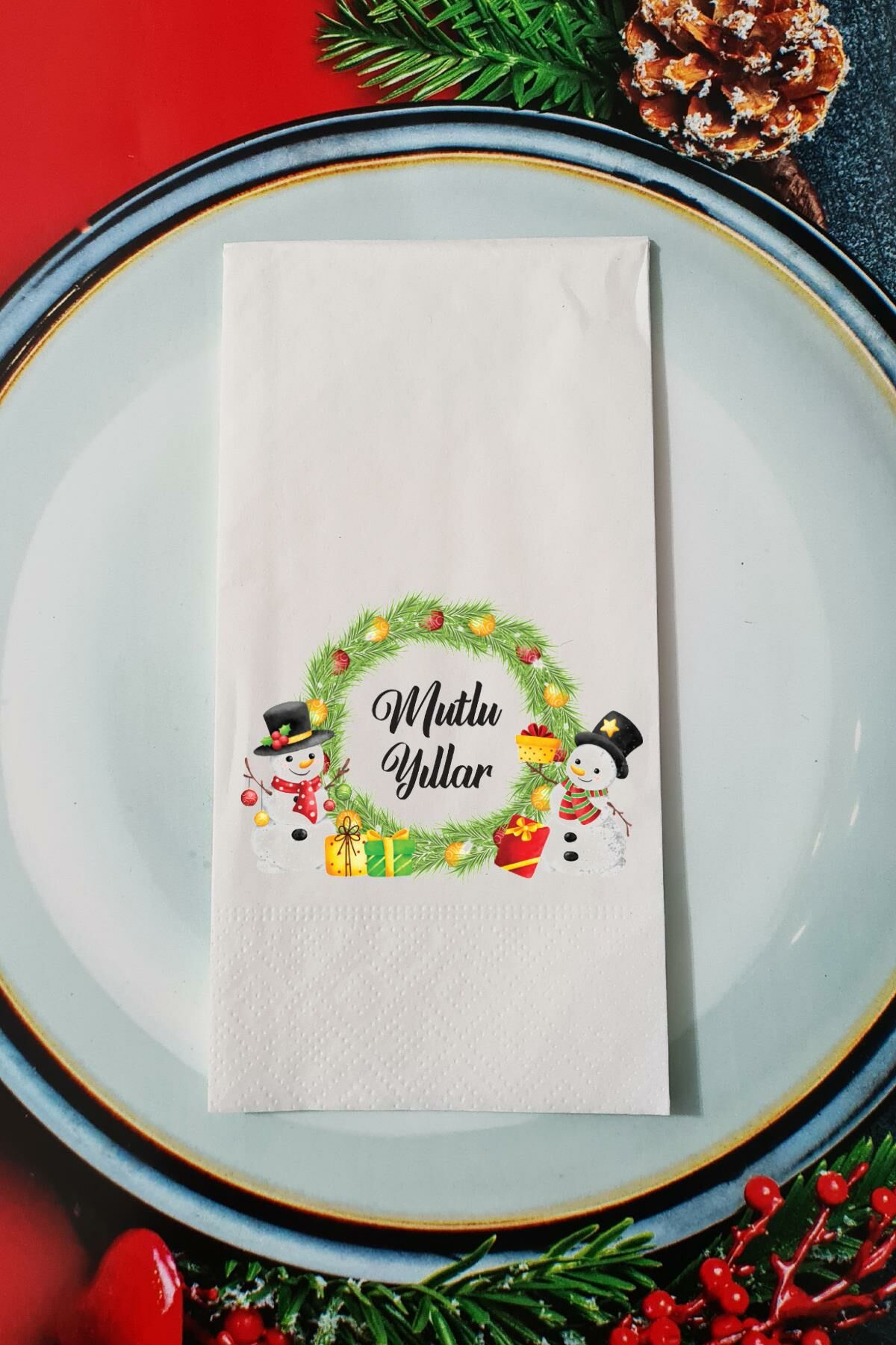 Yılbaşı Çelengi Mutlu Yıllar Yazılı Yılbaşı Sunum Peçetesi