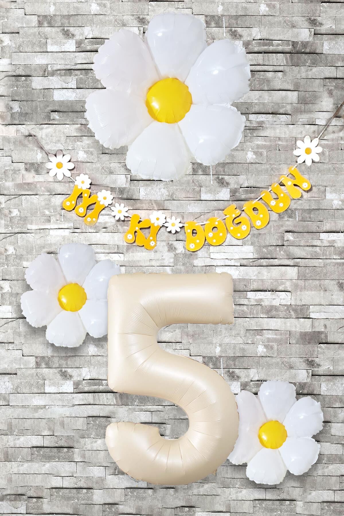 Papatya Tema Doğum Günü Balon Süsleme Seti Bannerlı Yaş Balonu Balon Zincir Paketi 5