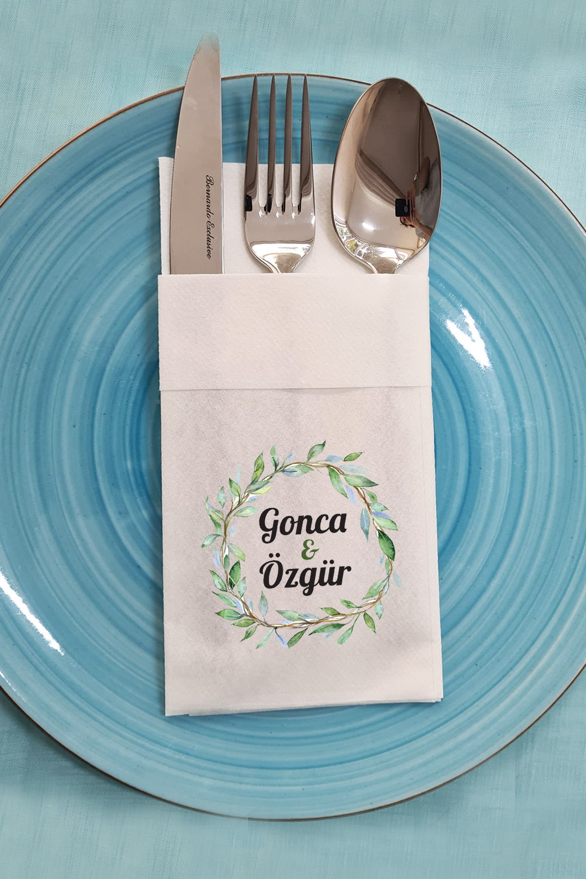 Kumaş Dokulu Cepli Yapraklı Konsept İsme Özel Baskılı Peçete
