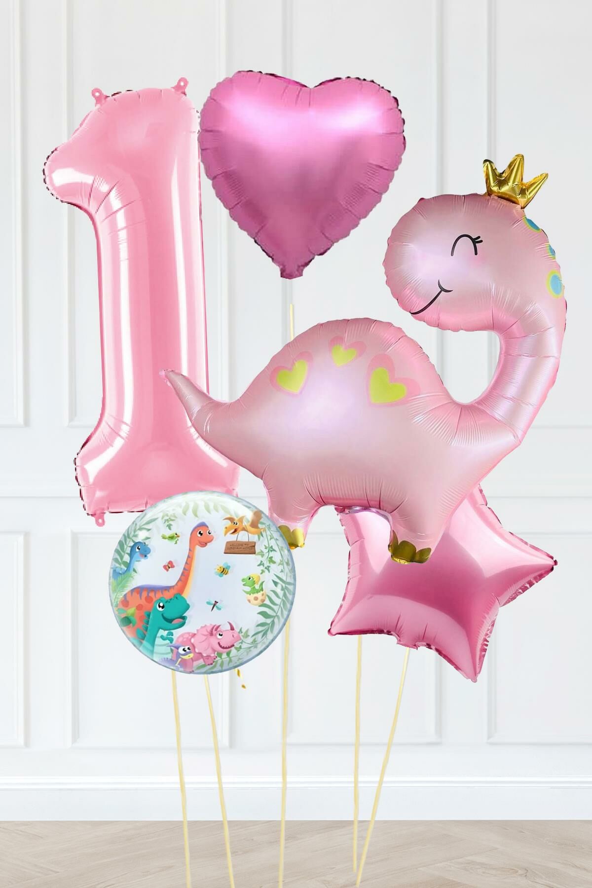 Pembe Dinazor Balonlu Kız Doğum Günü Balon Süsleme Seti Bannerlı Büyük Pembe Yaş Balonlu Dinozor Balon Paketi 1