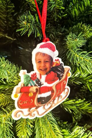 Fotoğraflı Noel Baba Kızaklı Tasarım Yılbaşı Ağaç Süsü Yeni Yıl Süslemeleri