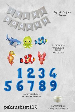 Su Altı Canlıları Doğum Günü Balon Süsleme Seti Bannerlı Yaş Balonlu Deniz Canlıları Balon Paketi