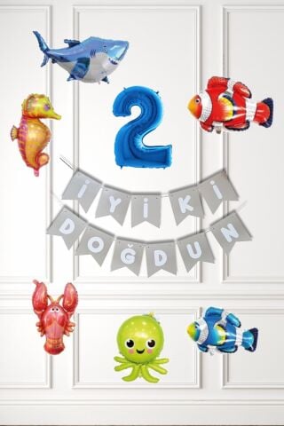Su Altı Canlıları Doğum Günü Balon Süsleme Seti Bannerlı Yaş Balonlu Deniz Canlıları Balon Paketi