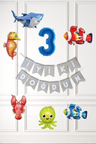Su Altı Canlıları Doğum Günü Balon Süsleme Seti Bannerlı Yaş Balonlu Deniz Canlıları Balon Paketi