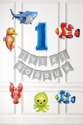 Su Altı Canlıları Doğum Günü Balon Süsleme Seti Bannerlı Yaş Balonlu Deniz Canlıları Balon Paketi 1