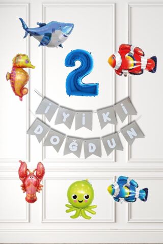 Su Altı Canlıları Doğum Günü Balon Süsleme Seti Bannerlı Yaş Balonlu Deniz Canlıları Balon Paketi 2