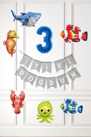 Su Altı Canlıları Doğum Günü Balon Süsleme Seti Bannerlı Yaş Balonlu Deniz Canlıları Balon Paketi 3