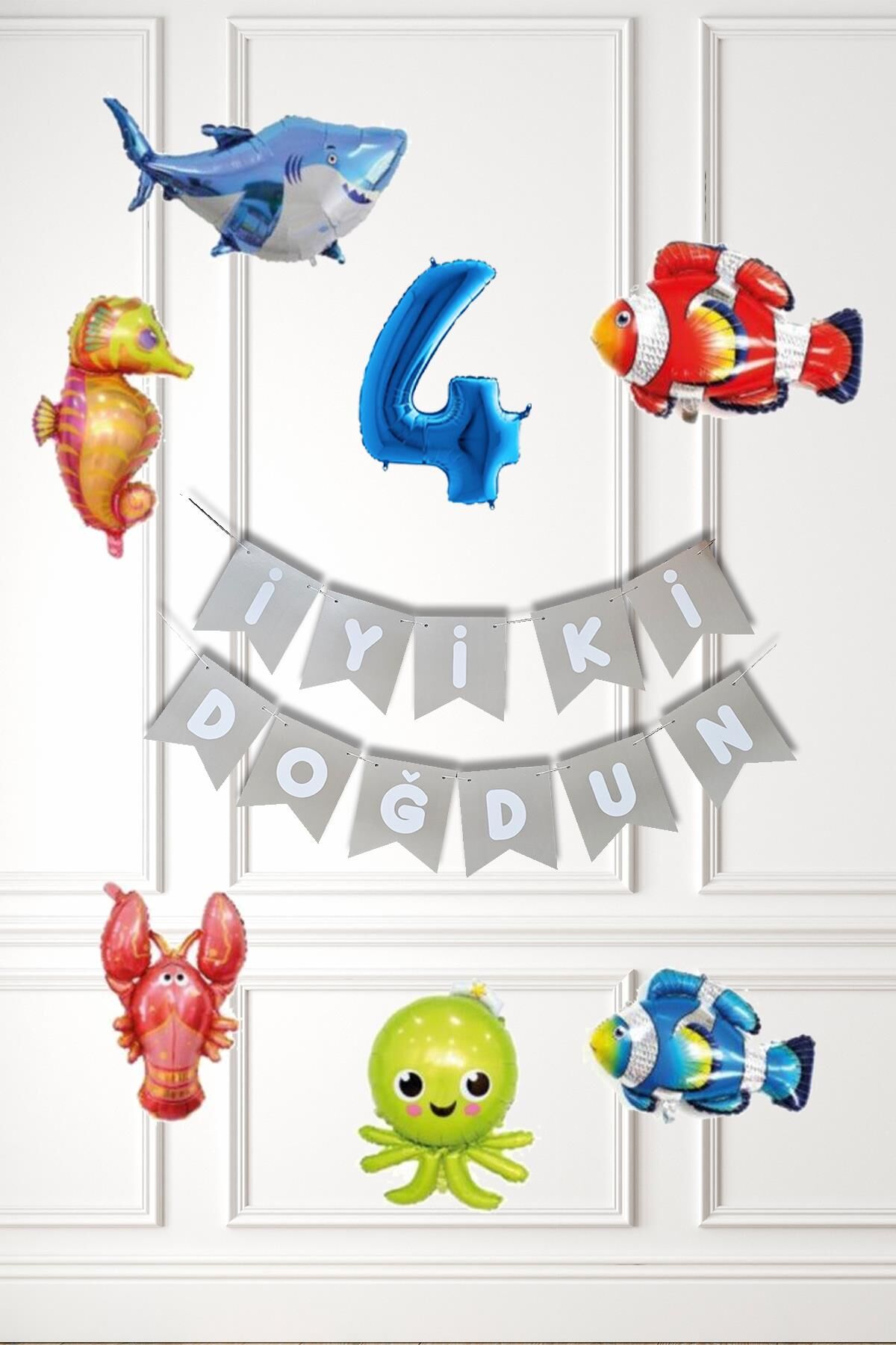 Su Altı Canlıları Doğum Günü Balon Süsleme Seti Bannerlı Yaş Balonlu Deniz Canlıları Balon Paketi 4