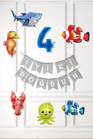 Su Altı Canlıları Doğum Günü Balon Süsleme Seti Bannerlı Yaş Balonlu Deniz Canlıları Balon Paketi 4