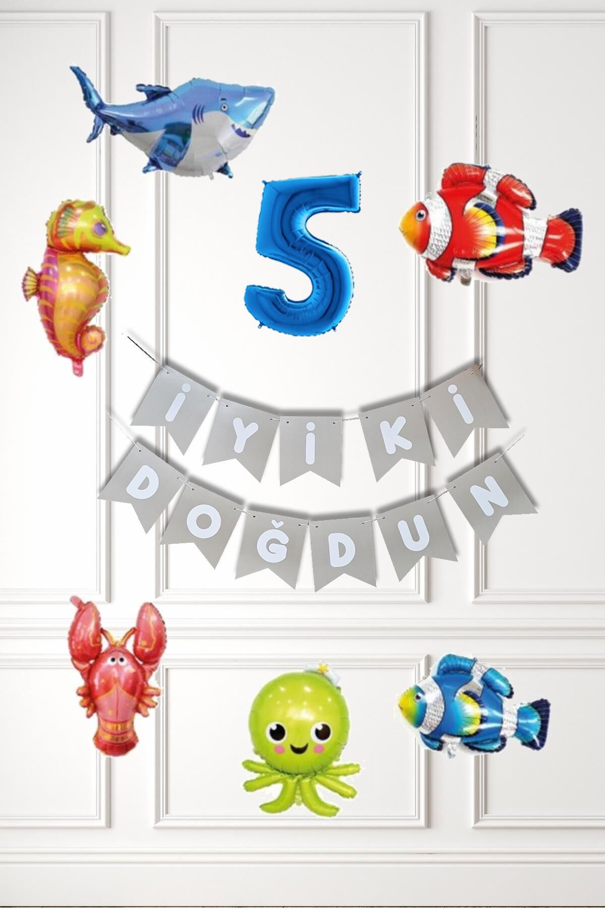 Su Altı Canlıları Doğum Günü Balon Süsleme Seti Bannerlı Yaş Balonlu Deniz Canlıları Balon Paketi 5